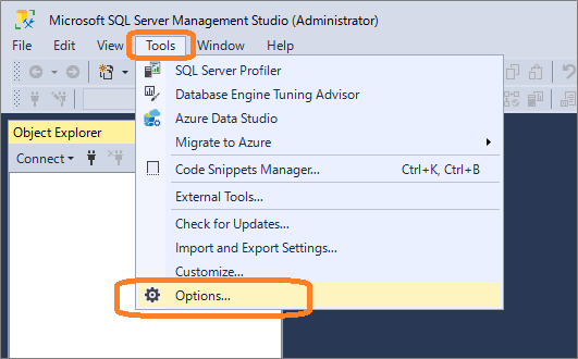SQLServer Management Studio（メニュー「Tools」→「Options」）